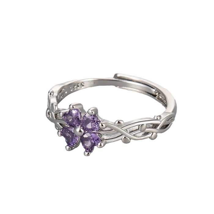 Retro Micro Pave Zircon Four-Leaf Clover Ring for Women Fashionable Personality Vine Wrap Adjustable Flower Index Fin...