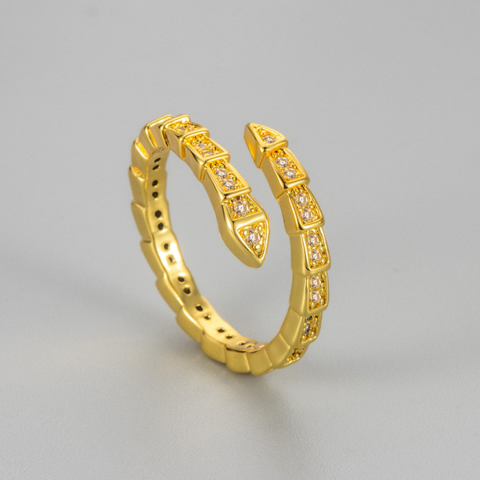 Sparkling Stone Snake Open Ring for Women, Snake Shape Fully Stone-Set Fashion Versatile Cross Personality Niche High-...