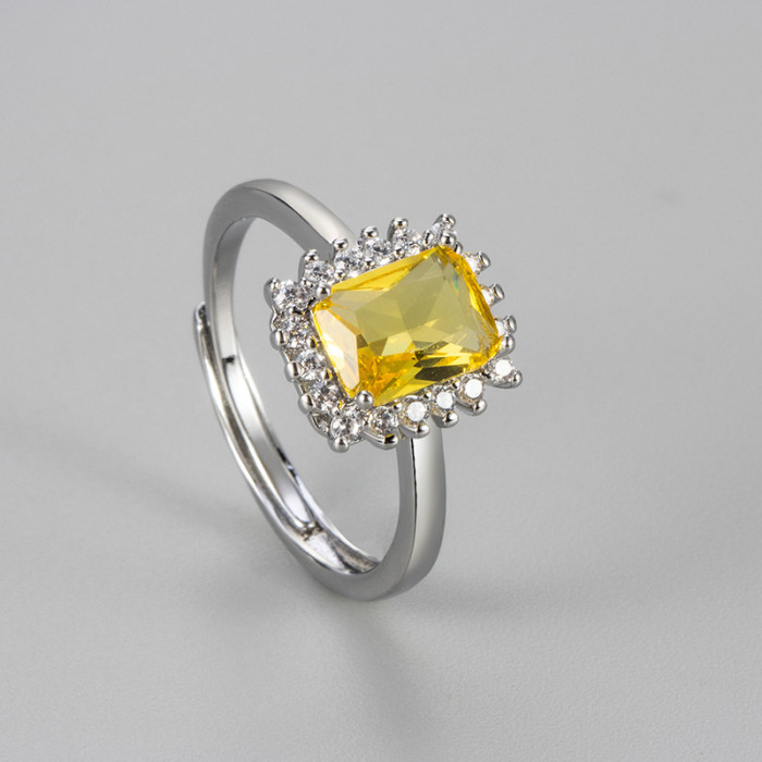 Cross-Border Hot-Selling Square Colorful Zircon Ring for Women, Elegant Versatile Adjustable Open Vintage Design Index Finger Ring