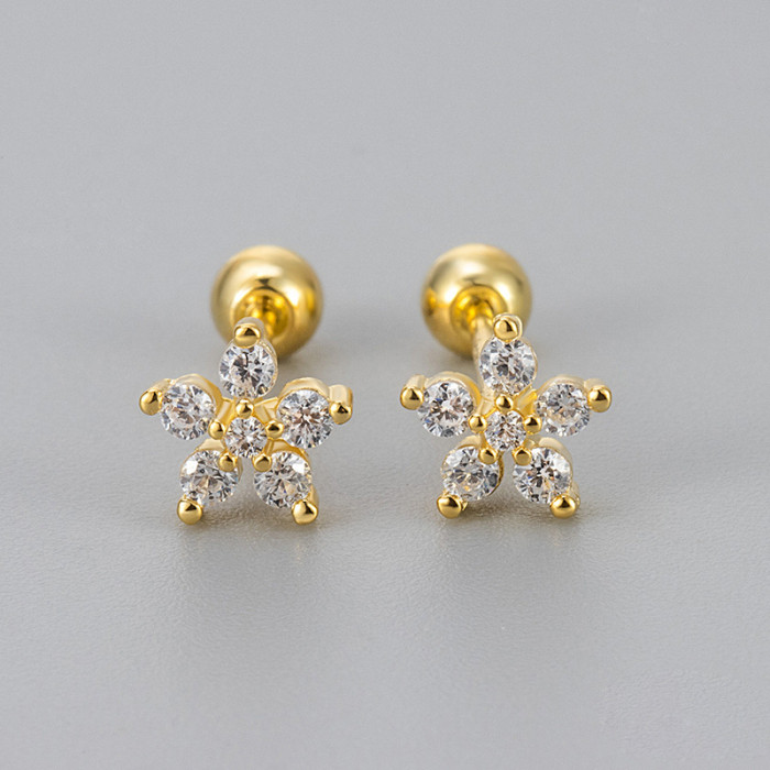 European and American Cross-Border Super Shiny Micro-Inlaid Zircon Five-Petal Flower Screw Twist Earrings Ear Bone Fine Needle No Removal Mini Hot-Selling Versatile