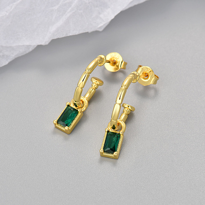 Cross-Border Hot Selling Inlaid Emerald Zircon Earrings C-Shaped Fashion Versatile Earrings Niche Design High-End Feel Ear Jewelry