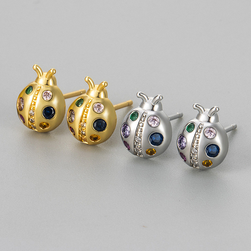 European and American Cross-Border New Earrings for Women Colorful Zircon Small Seven-Star Ladybug Cute Unique Creative Design Earrings for Women