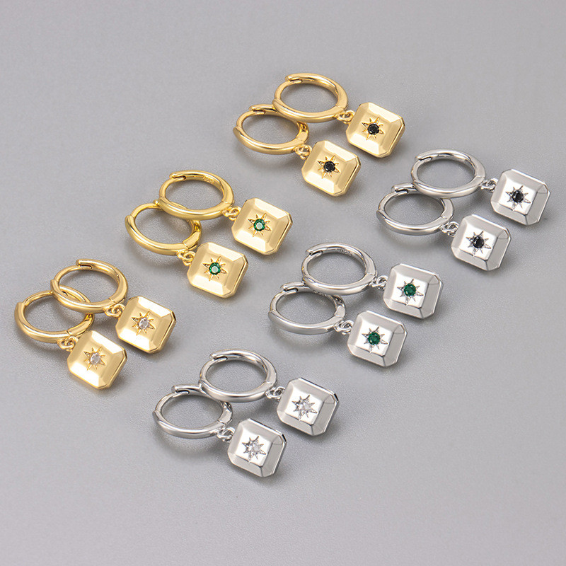 Cross-Border Hot Sale Inlaid Zircon Eight-Pointed Star Earrings Niche Design Simple Versatile Geometric Square Design Sense Earrings