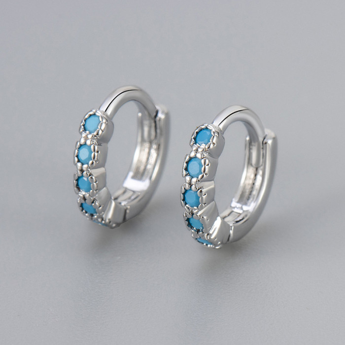 European and American Cross-Border Niche Design Sense Circle Blue Turquoise Row Diamond Inlaid Earrings Daily Versatile Elegant Earrings Wholesale