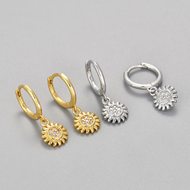 Foreign Trade Factory Wholesale European and American Fashion Inlaid Zircon Sun Hoop Earrings Versatile Simple Earrings Trendy