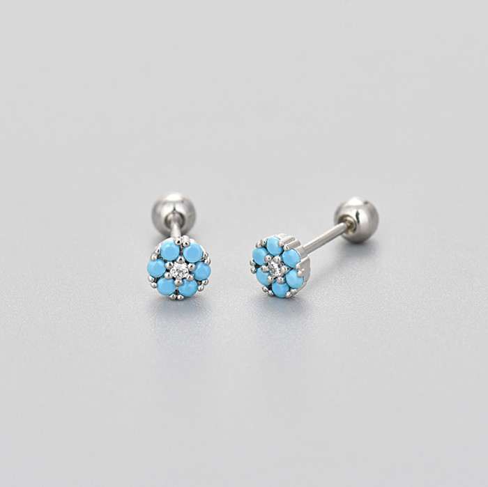 Korean and Japanese Style Colorful Zircon Flower Screw-On Women's Earrings Exquisite Small Fashionable Versatile High-End Ins Style Earrings
