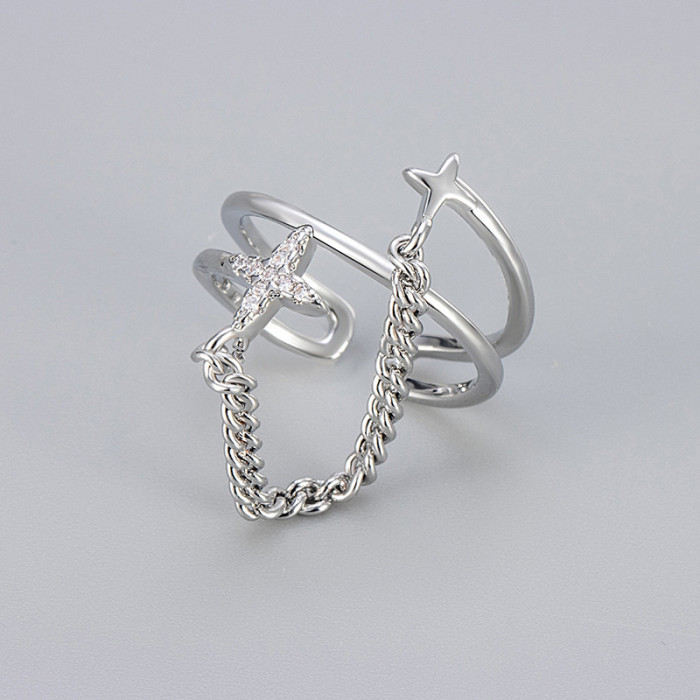 Unique Sparkling Stone Chain Meteor Double Layer Ring for Women, Niche Design Sense Ring, High-end Light Luxury Ope...