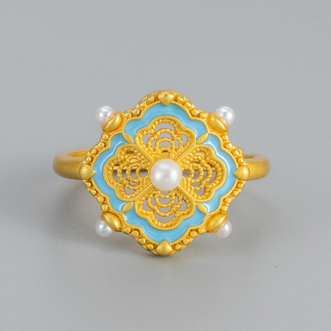 New Chinese Style Filigree Four-Leaf Clover Pearl Ring for Women, Niche Design Enamel Color Index Finger Ring, 2025 New Model Ring