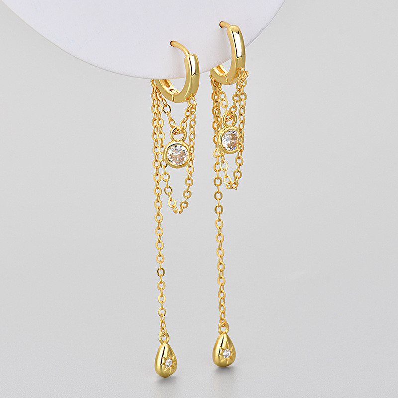 European and American Cross-Border Water Drop Tassel Ear Cuffs Earrings Ear Studs Ear Hoops Zircon Long Earrings Niche Design French Retro