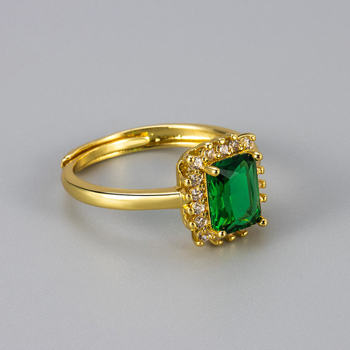 Cross-Border Hot-Selling Square Colorful Zircon Ring for Women, Elegant Versatile Adjustable Open Vintage Design Index Finger Ring