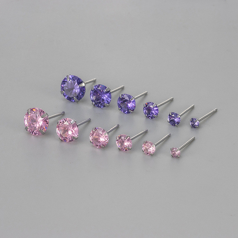 New European and American Cross-Border Colorful Round Diamond Four-Prong Zircon Earrings for Women, Personalized Fashionable Versatile Simple Trendy Ear Jewelry