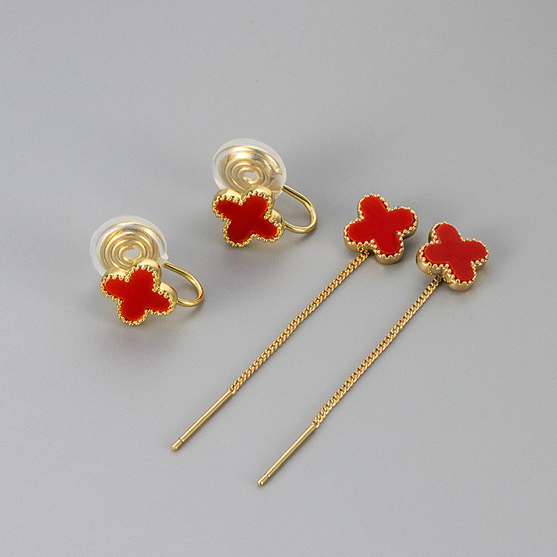 Red Four-Leaf Clover Tassel Earrings Ear Thread Niche Light Luxury High-End Elegant Atmosphere Earrings 2025 New Hot Style