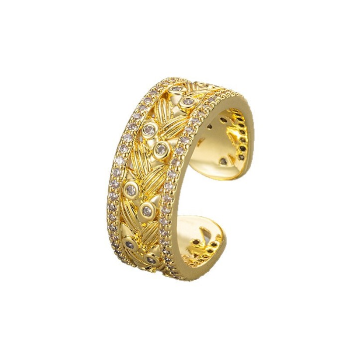 New Chinese Style Retro Luxurious Golden Autumn Wheat Spike Stone-Inlaid Ring Fashionable Elegant Vintage Brushed A...