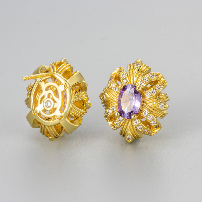 New Luxury Purple Satin Ribbon Fully Stone-Set Stud Earrings Fashion Exquisite Vintage Elegant Earrings