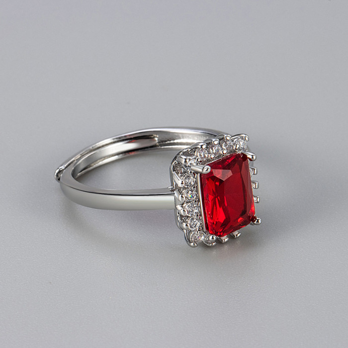 Cross-Border Hot-Selling Square Colorful Zircon Ring for Women, Elegant Versatile Adjustable Open Vintage Design Index Finger Ring