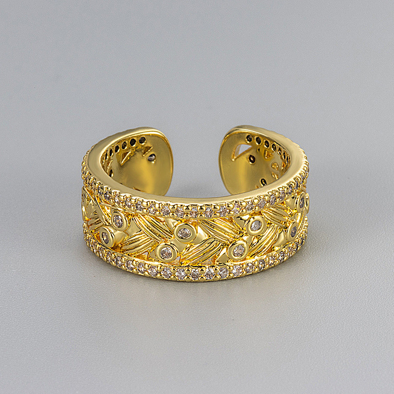 New Chinese Style Retro Luxurious Golden Autumn Wheat Spike Inlaid Diamond Ring Fashionable Elegant Vintage Brushed Adjustable Index Finger