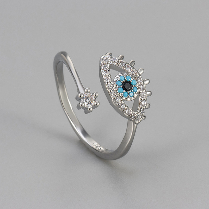 Cross-Border New European and American Fashion Accessories Devil's Eye Ring with Inlaid Diamonds Open Simple Design Sense Versatile Exquisite