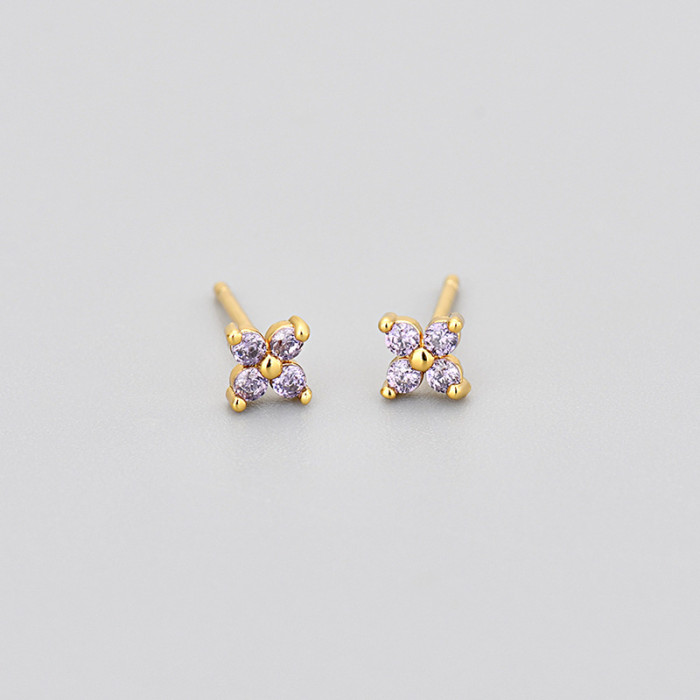Sweet Four-Leaf Flower Earrings Multi-Colorful Zircon Flower Earrings for Women Small Mini Hot-Selling Direct Sales