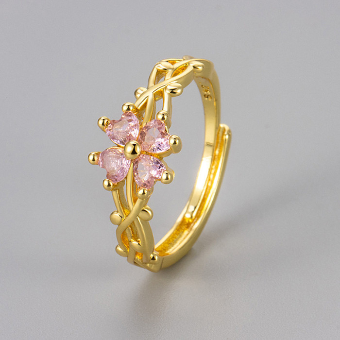 Retro Micro Pave Zircon Four-Leaf Clover Ring for Women Fashionable Personality Vine Wrap Adjustable Flower Index Fin...