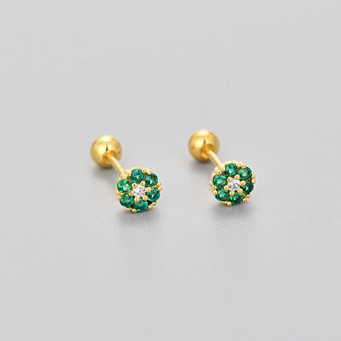 Korean and Japanese Style Colorful Zircon Flower Screw-On Women's Earrings Exquisite Small Fashionable Versatile High-End Ins Style Earrings