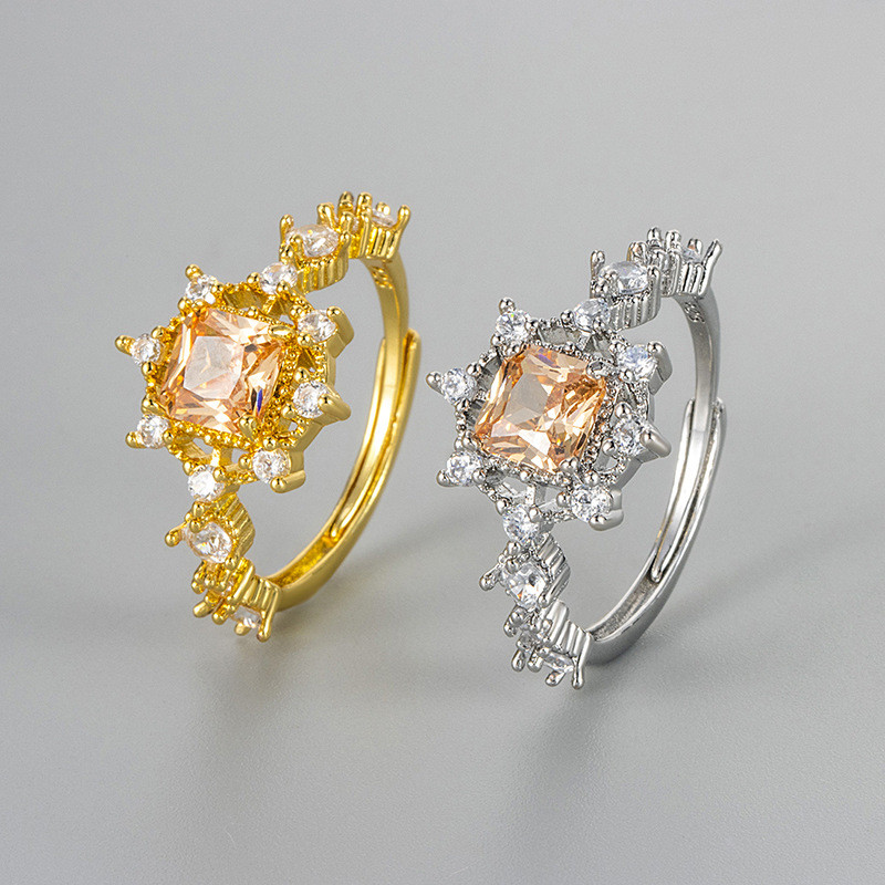 European and American New Fashion Inlaid Snowflake Champagne Zircon Ring for Women, Niche Design, Unique and Versatile High-end Feel Ring