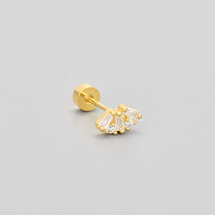 Flat Bottom Piercing Screw Twist Earrings for Women, Cross-Border Super Shiny Micro-Inlaid Zirconia Fan-Shaped Round Earrings, Simple Versatile Ear Jewelry