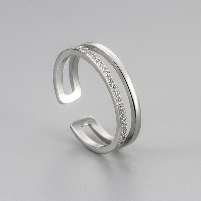 European and American Cross-Border Diamond-Encrusted Geometric Ring for Women, Simple Design, Niche Daily Versatile Double-Layer Open Index Finger Ring