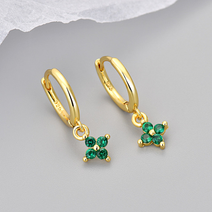 Stone-Inlaid Four-Leaf Flower Earrings for Women Geometric Flower French Fashion Sweet Versatile Earrings French Li...