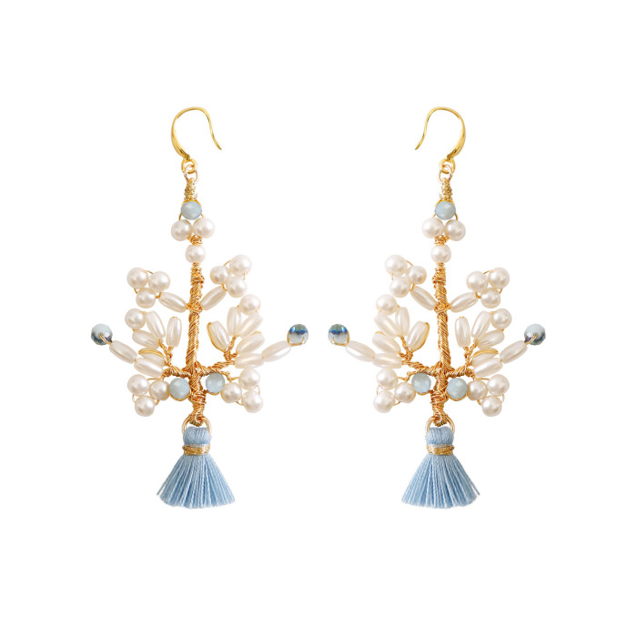 Tree of Life Pearl Crystal Earrings 18K Ear Hooks Handmade Woven Tassel Earrings Ins Style European and American Retro Stud Earrings