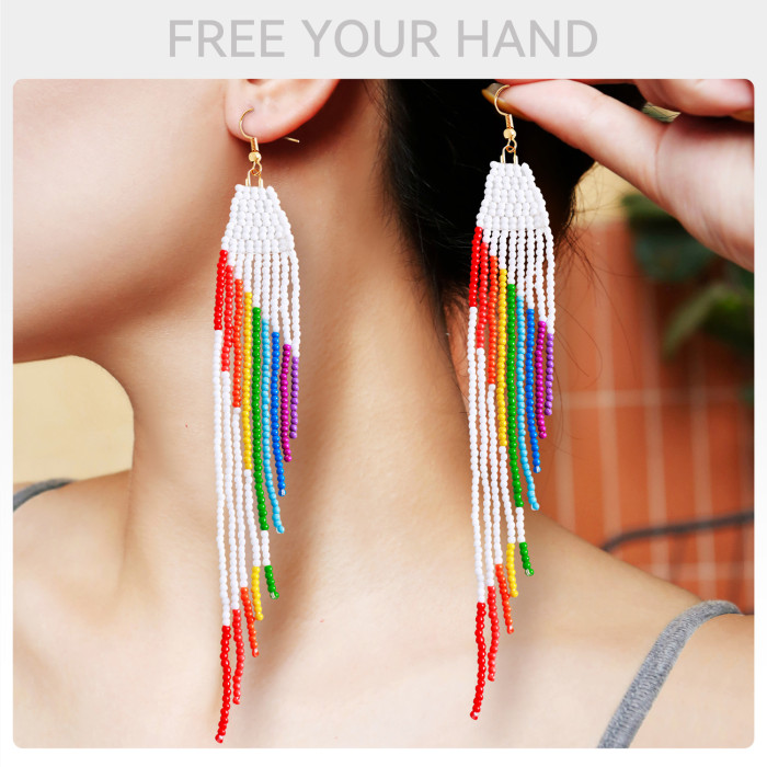 European and American Cross-Border Hot Selling Rainbow Earrings Handmade Beaded Tassel Rice Bead Earrings High-End Long Colorful Drop Earrings for Women