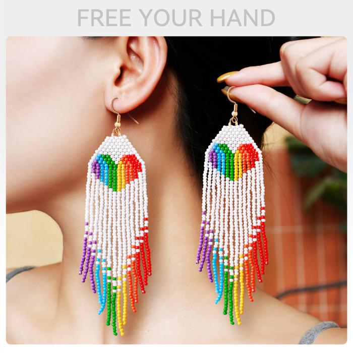 Bohemian Style Handmade Beaded Heart-Shaped Rice Beads High-End Earrings for Women Niche Rainbow Tassel Ear Jewelry