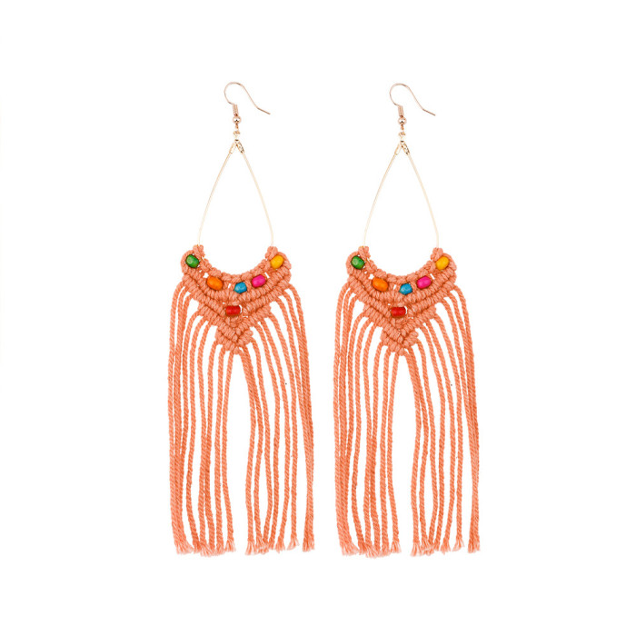 Cross-Border Original Handmade Beaded Hollow Wooden Beads Vintage Earrings European and American Ethnic Style Stainless Steel Ear Studs Tassel Earrings