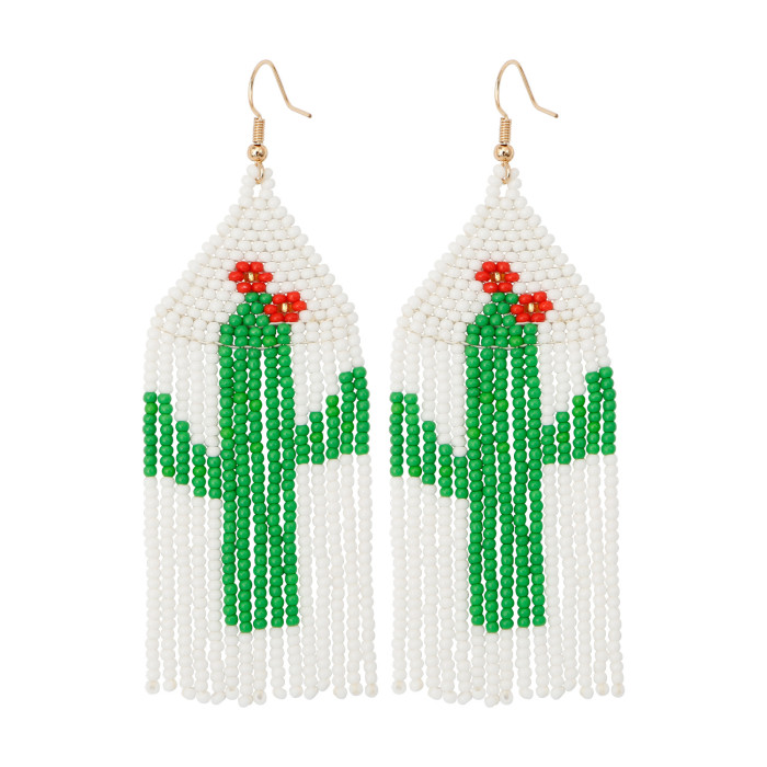 European and American Pastoral Style Plant Succulent Cactus Earrings Bohemian Exaggerated Handmade Beaded Tassel Rice Bead Earrings