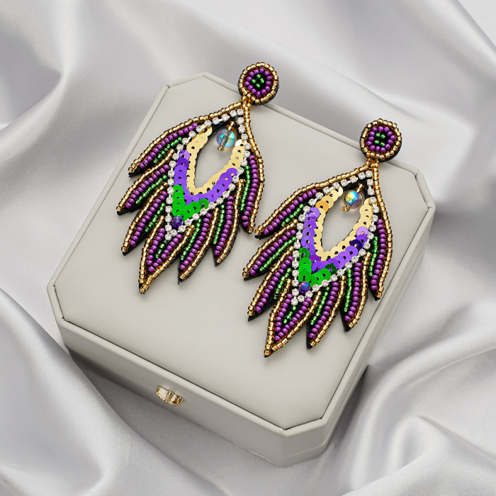 European and American Ethnic Style Carnival Festival Earrings Autumn Winter High-end Fashion Handmade Rice Beads Feather Exaggerated Earrings for Women