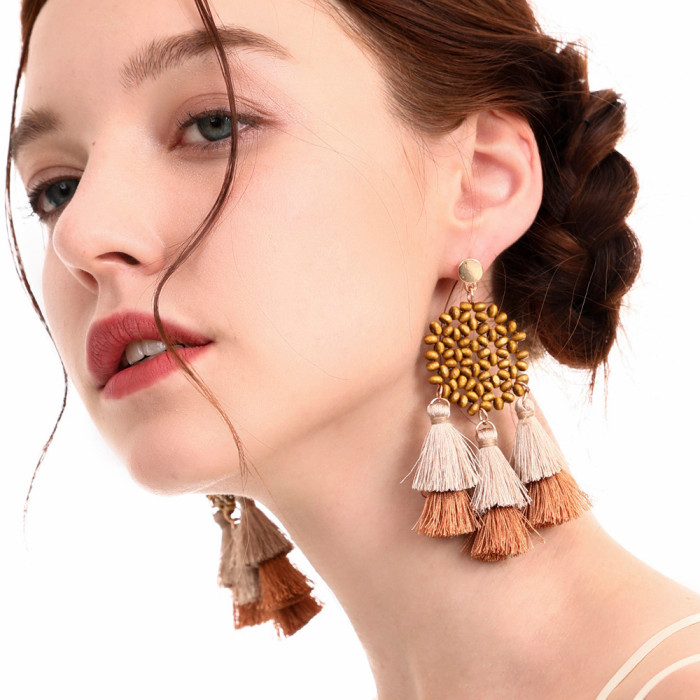 Cross-Border Original Handmade Beaded Hollow Wooden Beads Vintage Earrings European and American Ethnic Style Stainless Steel Ear Studs Tassel Earrings