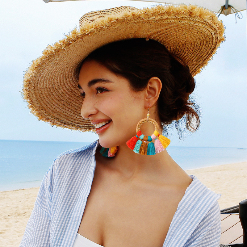 European and American Retro Exaggerated Handmade Woven Circle Bohemian Vacation Style Flowing Colorful Tassel Women's Rattan Earrings