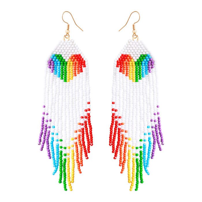 Bohemian Style Handmade Beaded Heart-Shaped Rice Beads High-End Earrings for Women Niche Rainbow Tassel Ear Jewelry