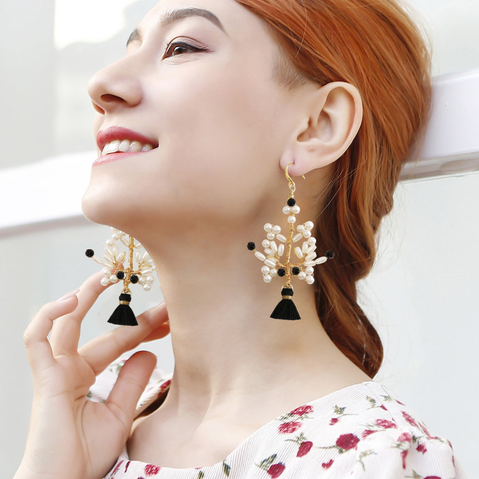 Tree of Life Pearl Crystal Earrings 18K Ear Hooks Handmade Woven Tassel Earrings Ins Style European and American Retro Stud Earrings