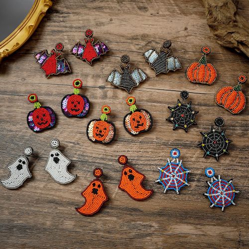 Quirky Ghost Festival Halloween Hat Ghost Earrings Creative Rice Bead Pumpkin Bat Festival Exaggerated Stud Earrings
