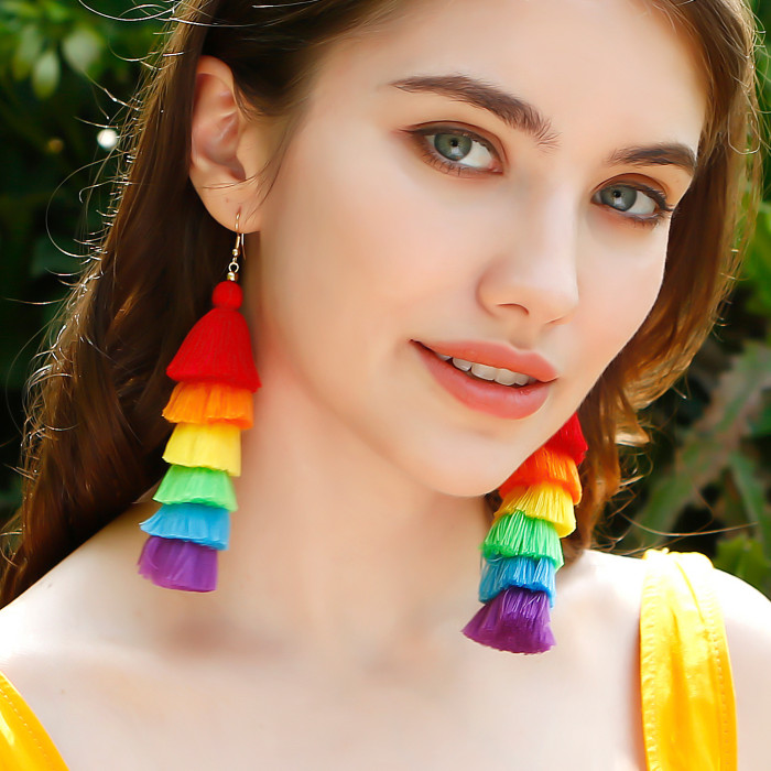 Bohemian Vacation Style Tassel Earrings Colorful Rainbow Retro Long Slimming INS Style Handmade Earrings