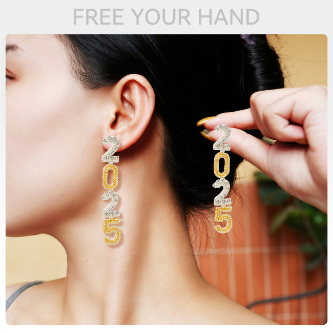 European and American Cross-Border Carnival New Year Diamond-Studded Number 2025 Earrings for Women Fashionable Elegant Niche High-End Beaded Earrings