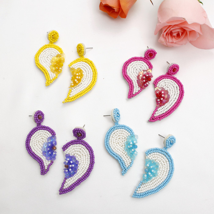2025 New Handmade Beaded Earrings Heart Flower Sequin Asymmetric Stud Earrings Vacation Style Rice Bead Earrings