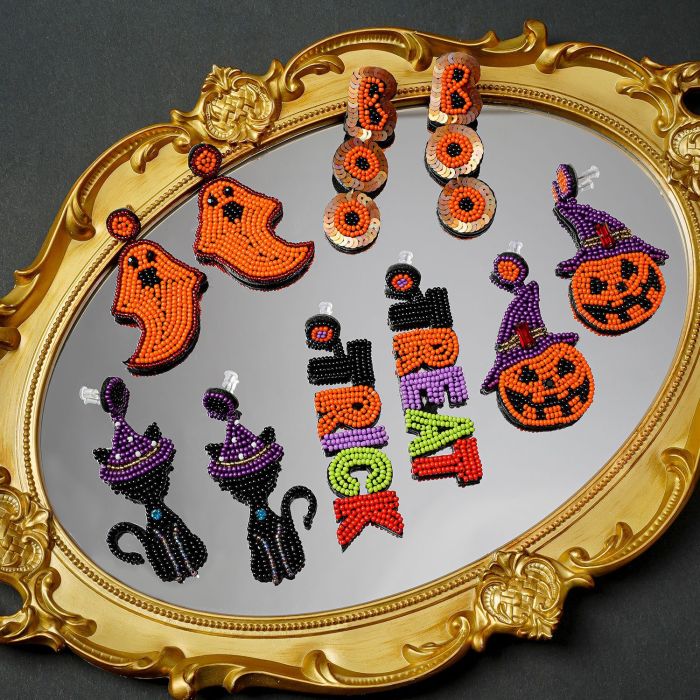Quirky Ghost Festival Halloween Hat Ghost Earrings Creative Rice Bead Pumpkin Bat Festival Exaggerated Stud Earrings