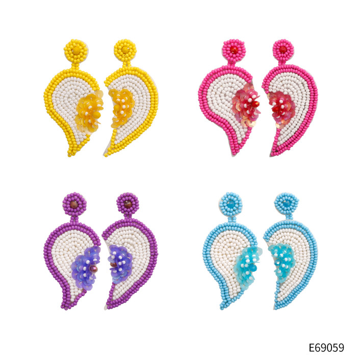 2025 New Handmade Beaded Earrings Heart Flower Sequin Asymmetric Stud Earrings Vacation Style Rice Bead Earrings