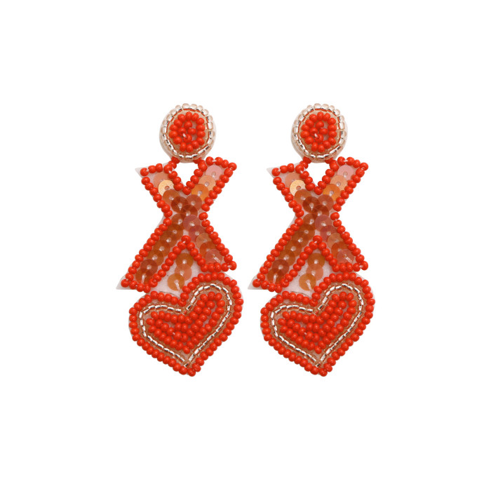 Bohemian Exaggerated Retro Heart-Shaped Ethnic Style Rice Bead Earrings Wholesale Handmade Tassel Heart Valentine's Day Earrings