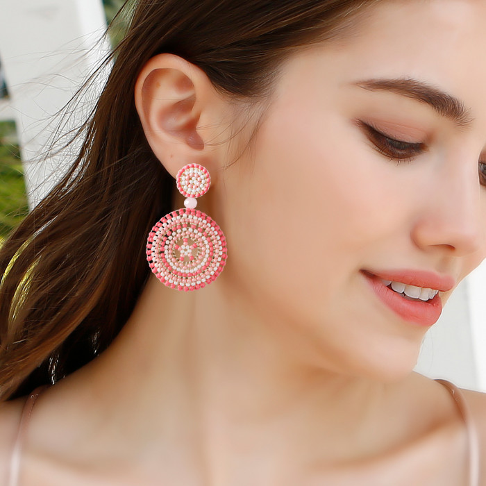 Vintage Ethnic Style Handmade Beaded Rice Bead Earrings Round Sunflower Dopamine Color High-end Earrings Studs