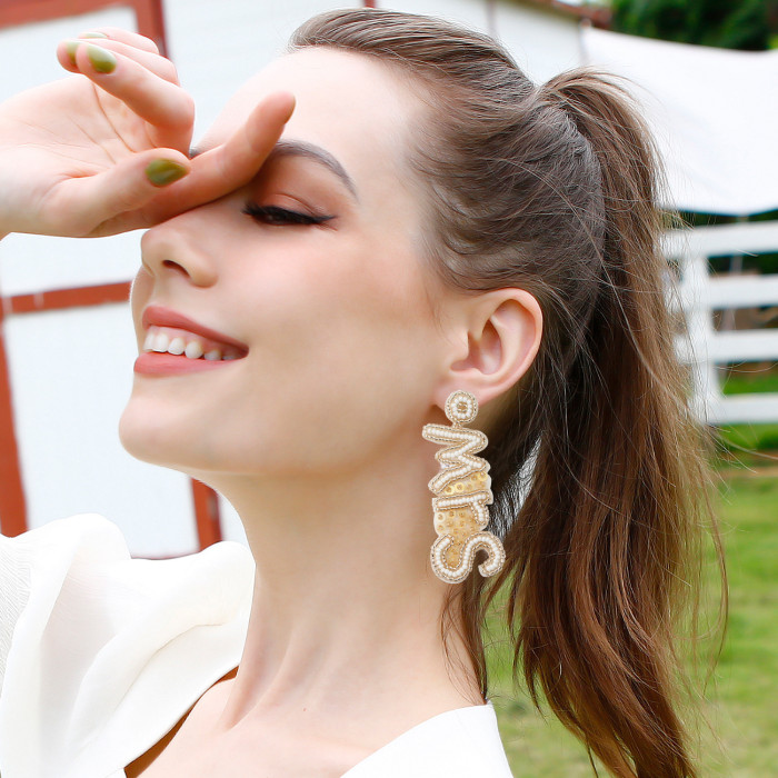 2025 New Letter Stud Earrings Handmade Beaded Earrings for Women Bohemian Exaggerated Long Creative Rice Bead Earrings