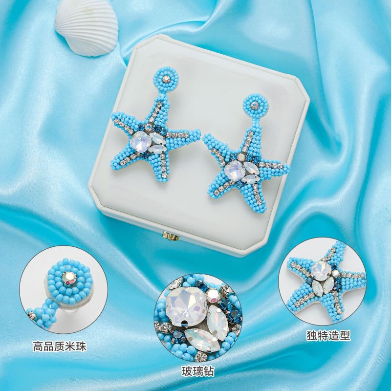 European and American Cross-Border Ocean Beach Vacation Style Earrings Handmade Woven Starfish Beaded Earrings Summer Hot Sale Earrings for Women