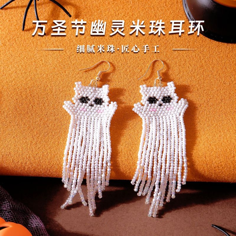 European and American Cross-Border Design Sense High-End Earrings Handmade Beaded Cute Mini Earrings Tassel Rice Bead Earrings