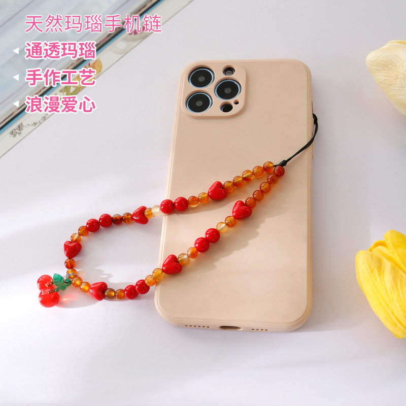 Amazon Hot-Selling Japanese and Korean INS Style Red Romantic Heart Handmade Beaded Natural Agate Cherry Phone Chain